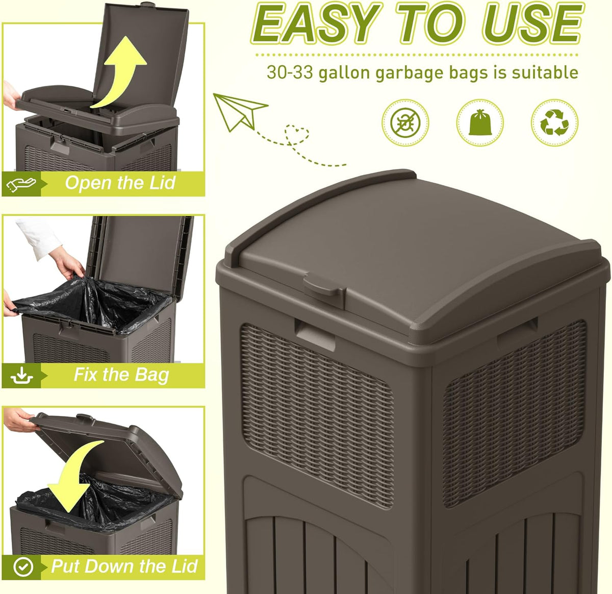 Greesum 33 Gallon Outdoor Trash Can with Lid, Waterproof Resin Garbage Bin for Hideaway, Deck