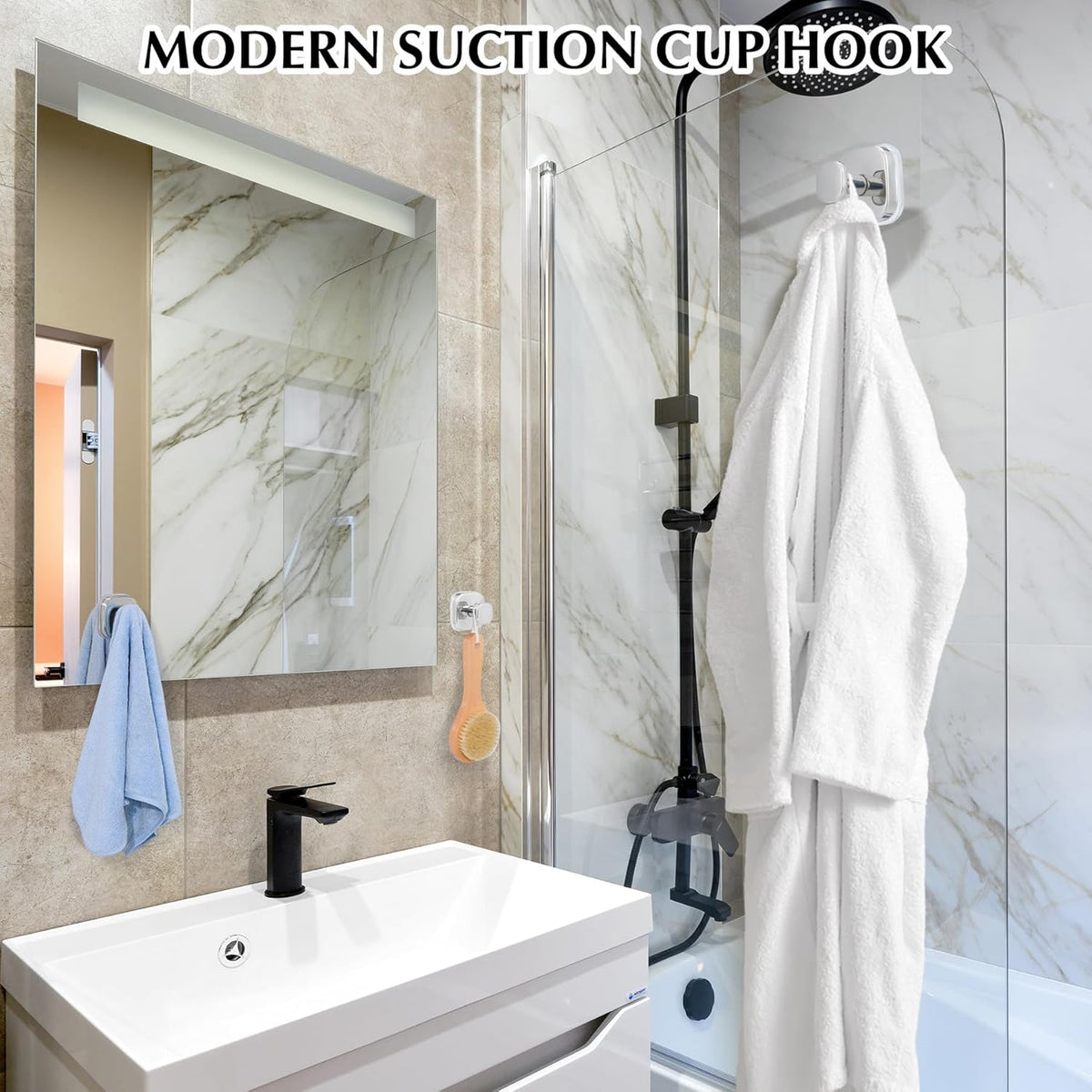 Suction Cup Hooks for Shower - Reusable No-Drill Mounting - Hooks for Towels, Robes & Loofah on