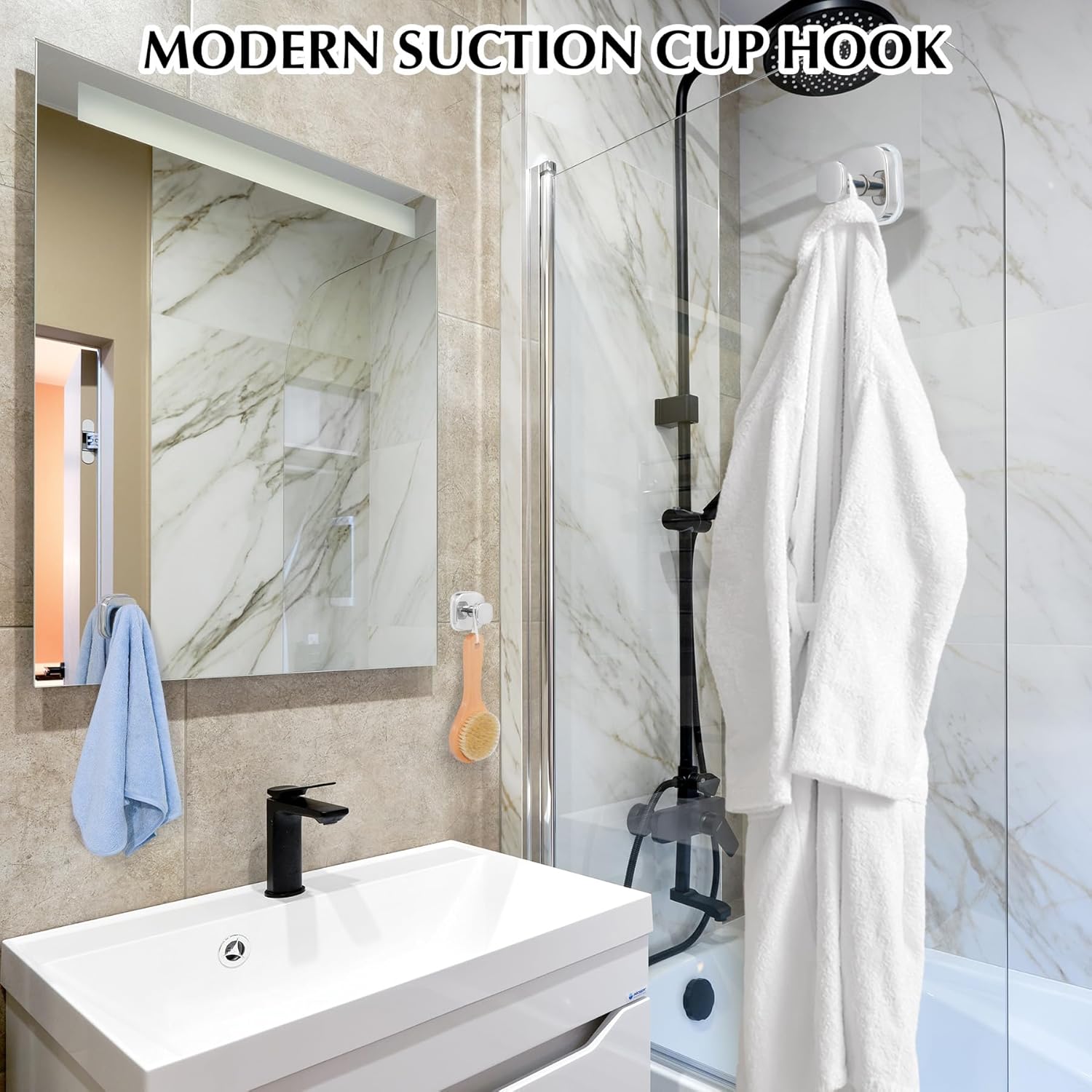 Suction Cup Hooks for Shower - Reusable No-Drill Mounting - Hooks for Towels, Robes & Loofah on