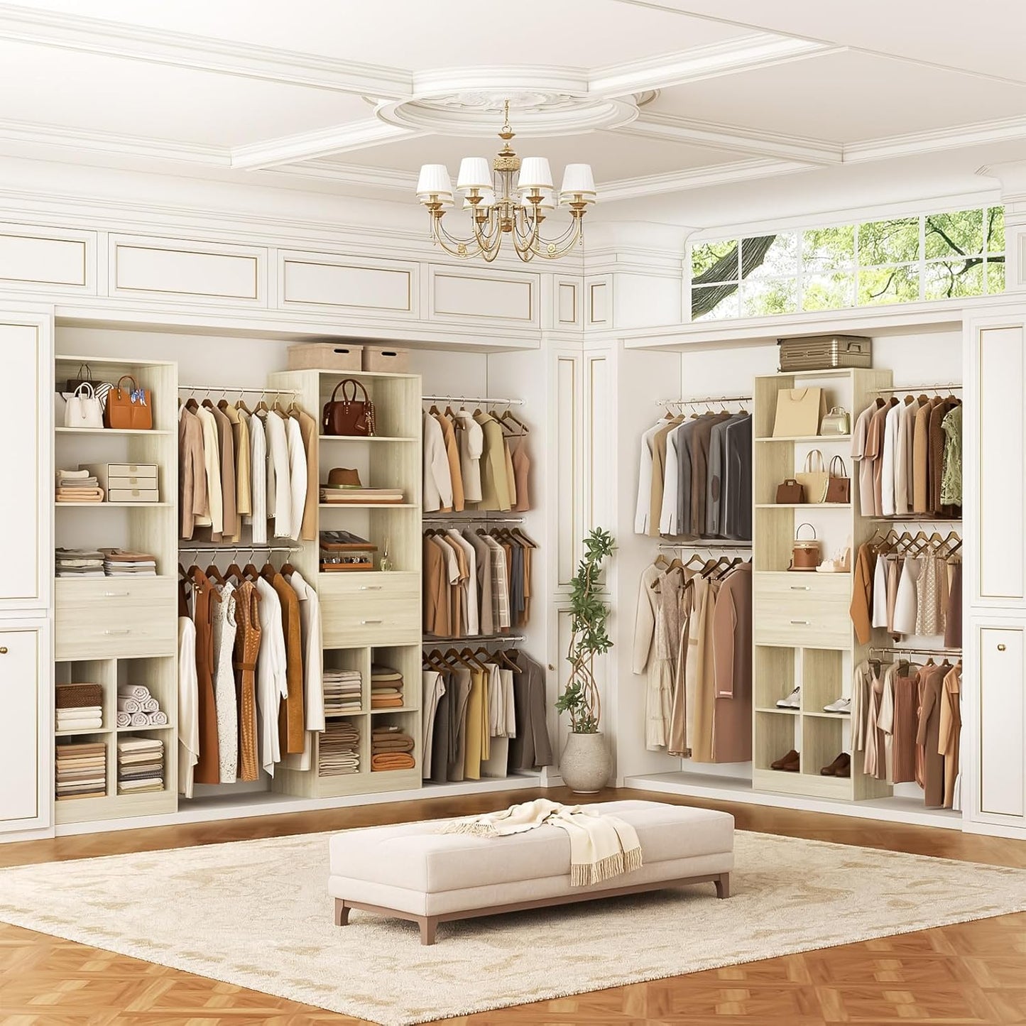 Closet System, 4-8 FT Closet Organizer Tower with 2 Wooden Drawers and Shelves, Can Fit 60 to 96