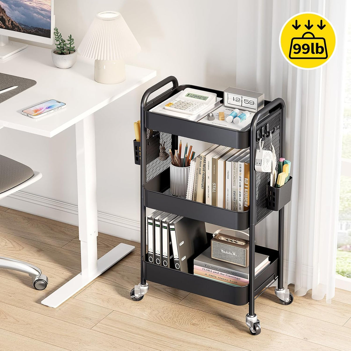 TOOLF 3 Tier Rolling Cart Storage Organizer, Metal Rolling Utility Car with Wheels, Hooks & Bins