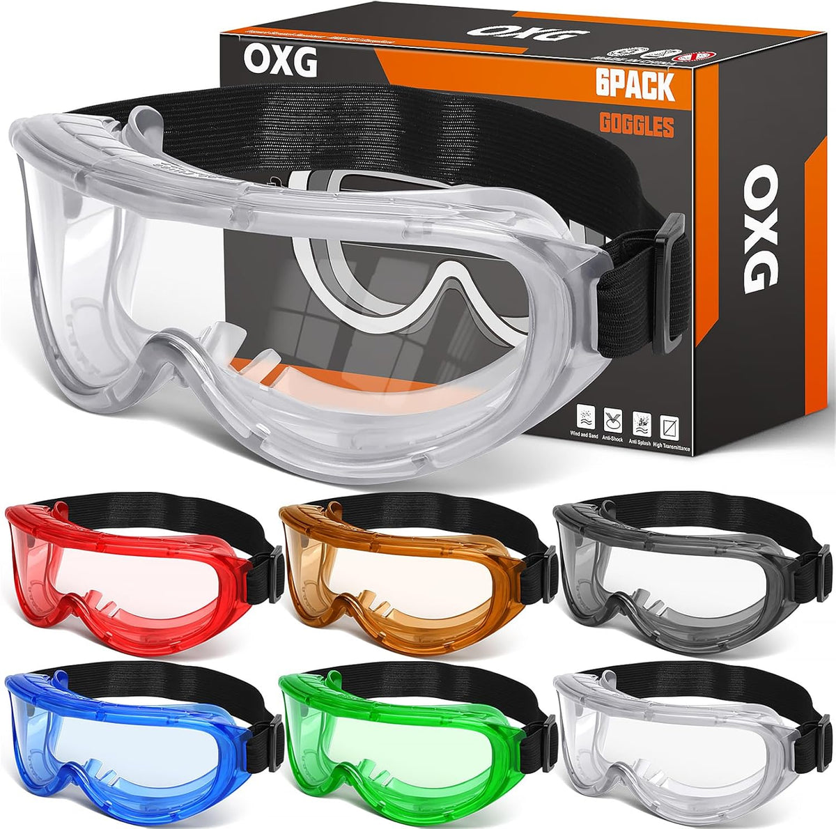 OXG 6 Pack Protective Safety Goggles Anti-Fog, Adjustable Chemical Splash Eye Protection Science