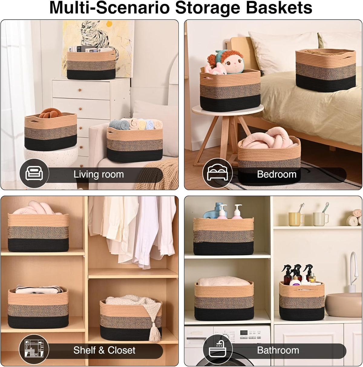 Storage Baskets for Organizing Shelves, Decorative Baskets for Storage, Woven Cotton Rope Basket