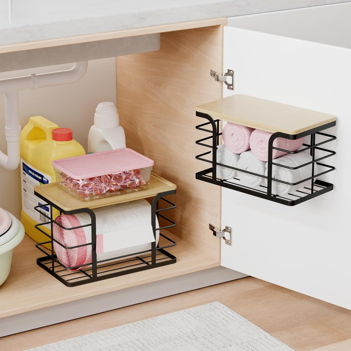 2 Pack Stackable Storage for Kitchen Laundry Pantry Organizers,Trash Bag Holder with Bamboo