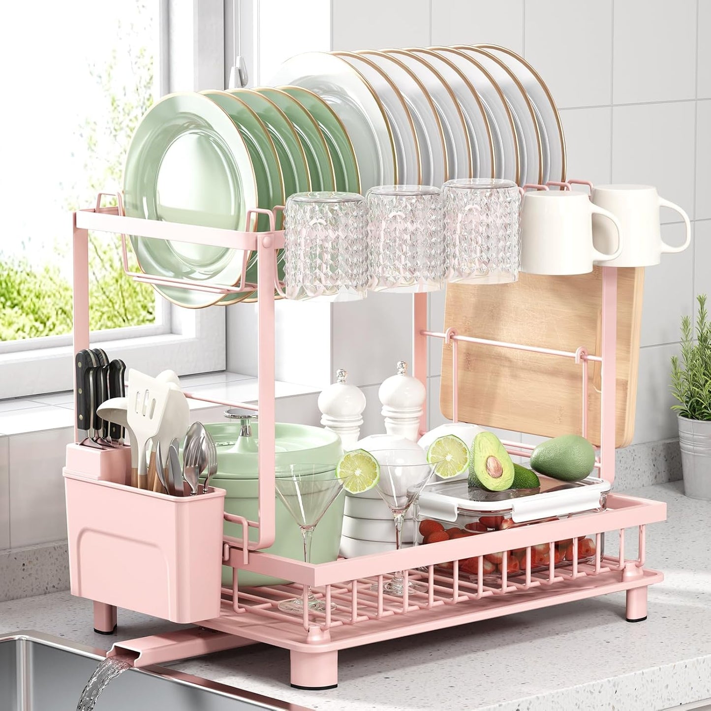 Multifunctional Dish Drying Rack - Rustproof, 2-Tier Dish Racks with Drainboard, Space-Saving