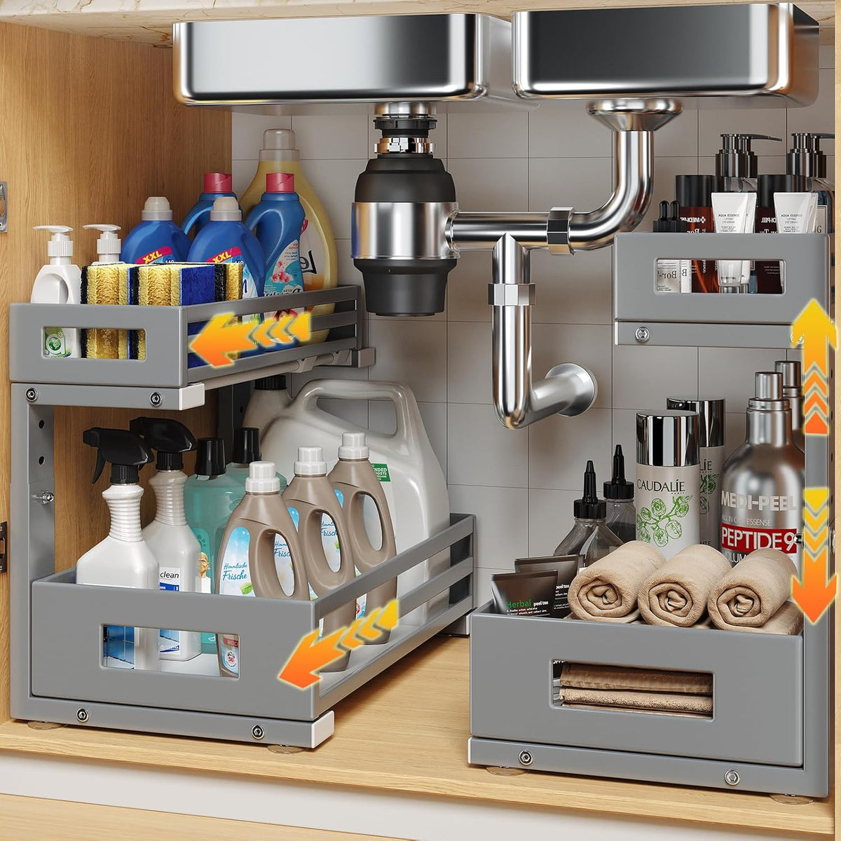 2-Pack Under Sink Organizers and Storage,2-Tier L Shape Pull Out Cabinet Organizer With Round Tube