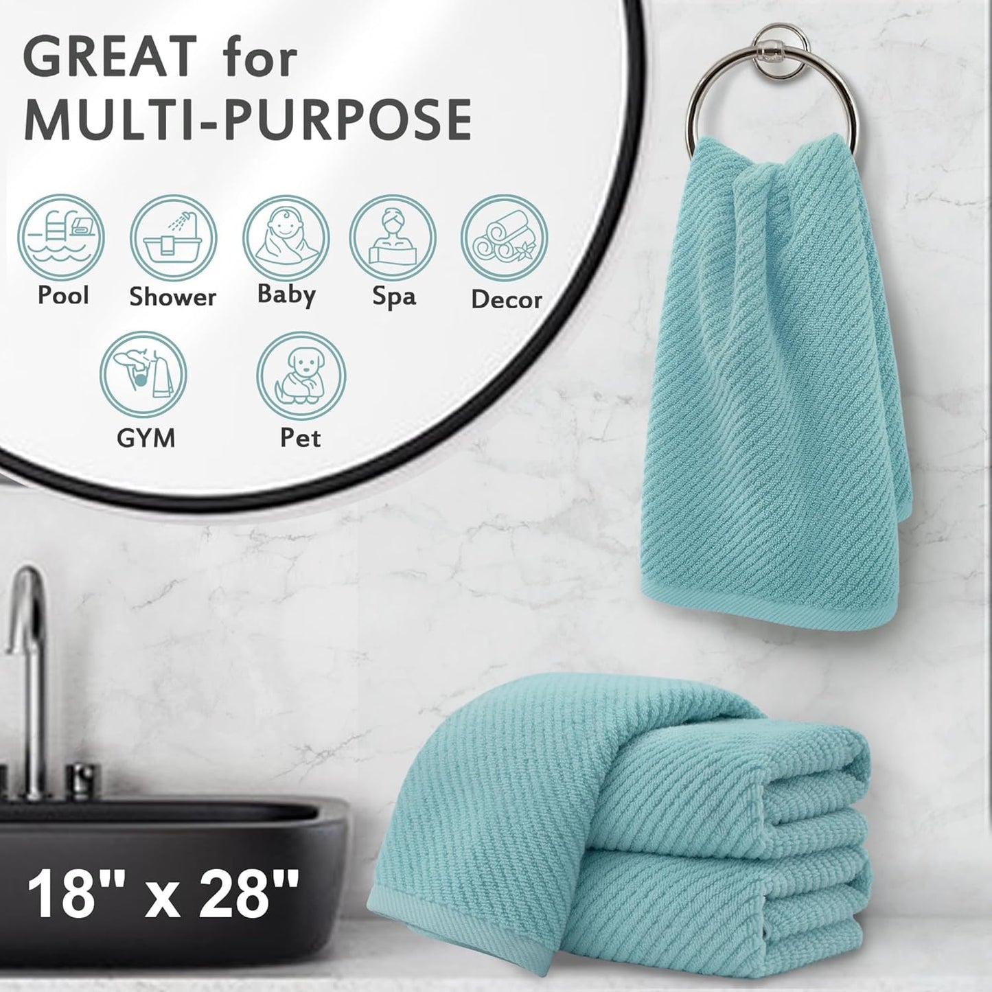Teal Hand Towels for Bathroom, Bathroom Hand Towels Set of 4, Large 18" x 28" - Quick Dry |