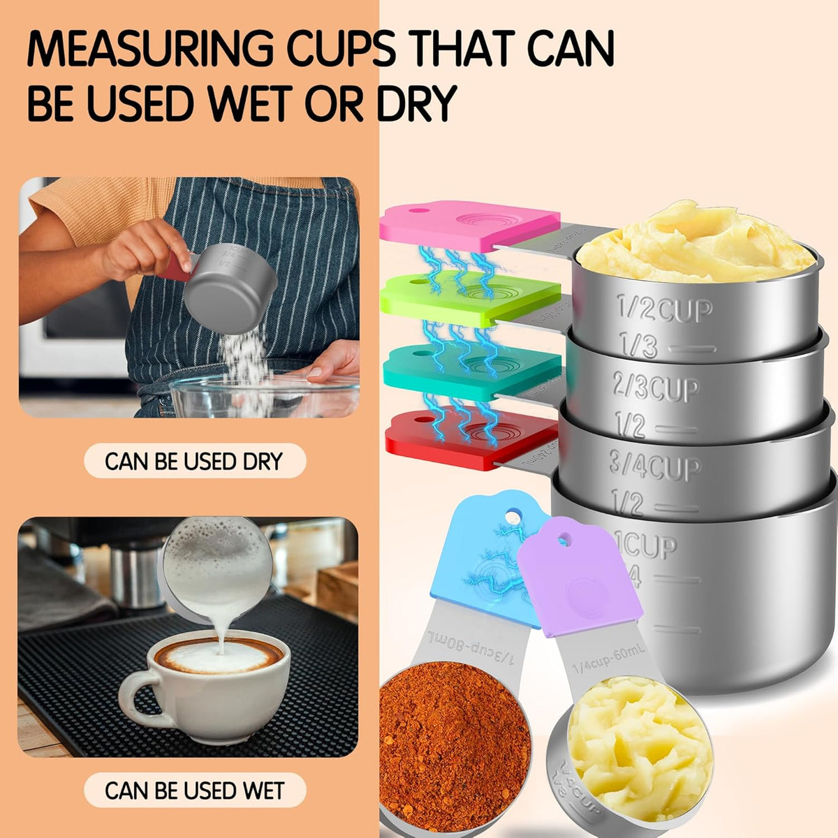 Magnetic Measuring Cups, 6 Stainless Steel Nesting Measuring Cup Set for Measuring Dry or Liquid