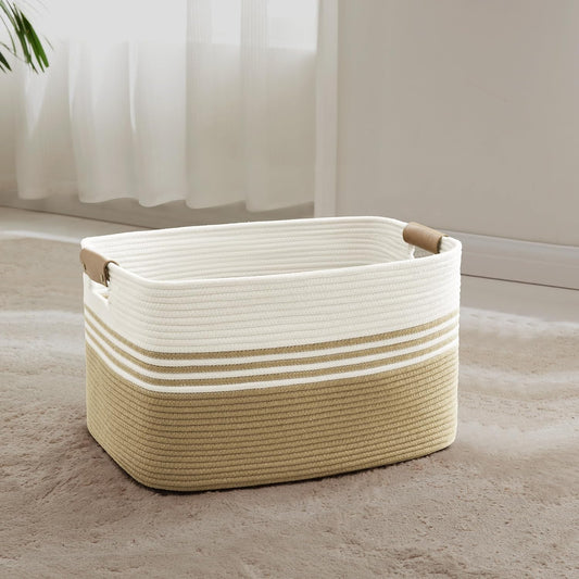45L Small Laundry Basket with Leather Handles for Living Room Storage, Woven Rope Baskets Bin for