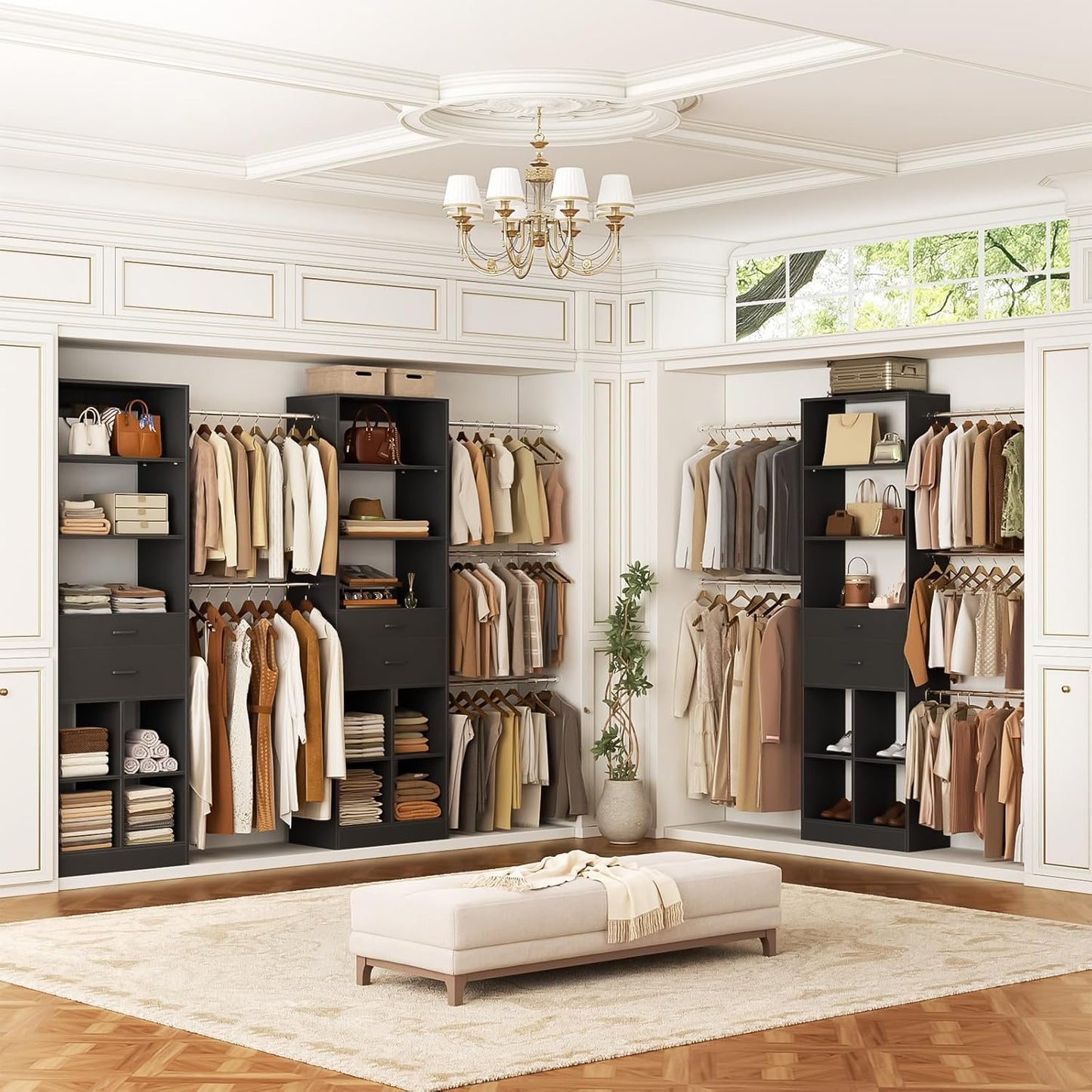 Closet System, 4-8 FT Closet Organizer Tower with 2 Wooden Drawers and Shelves, Can Fit 60 to 96