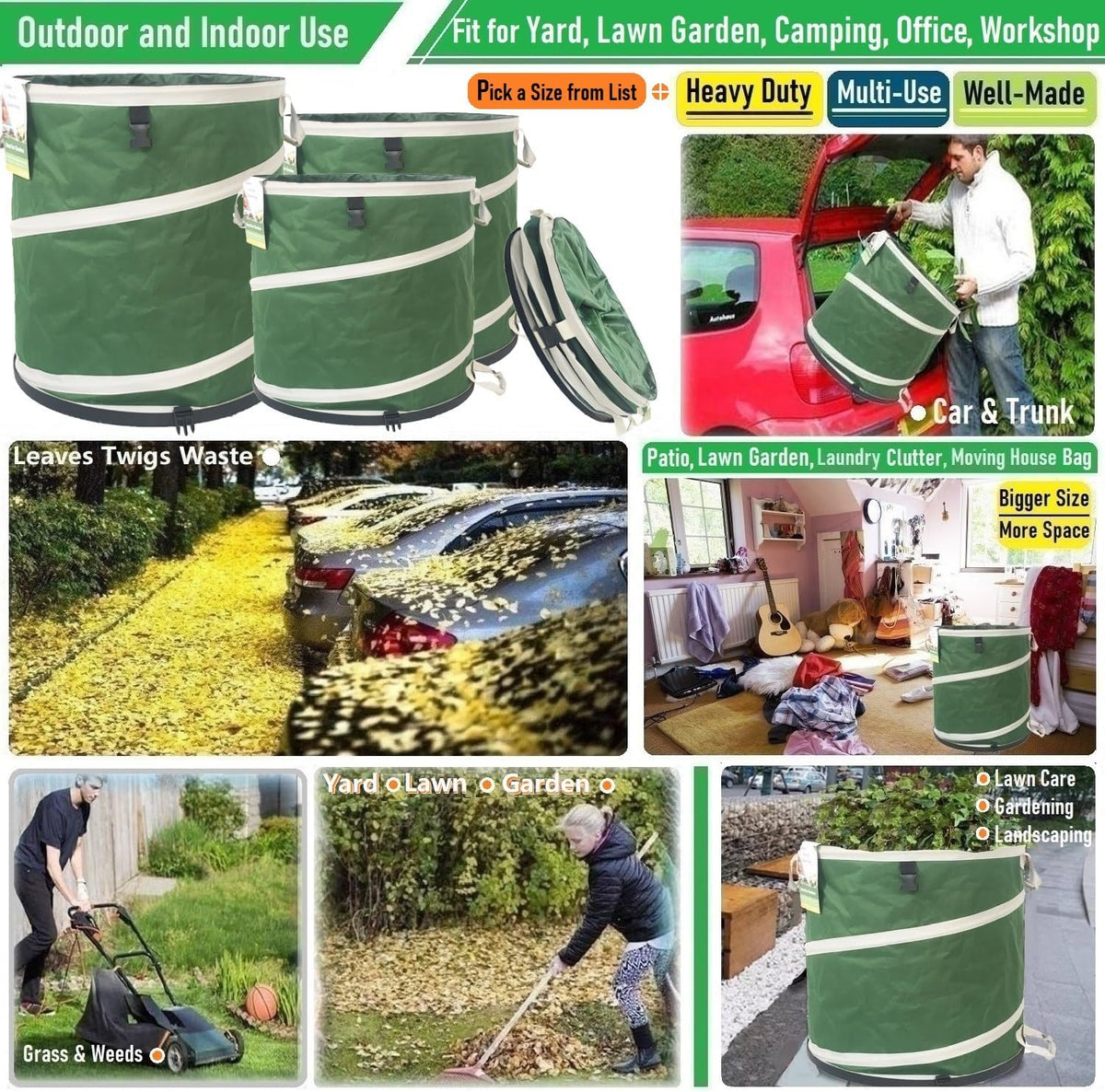 2-Pack 32 Gallon Collapsible Trash Can (19x25 in) Solid Bottom for Yard Waste Bag,Yard Debris