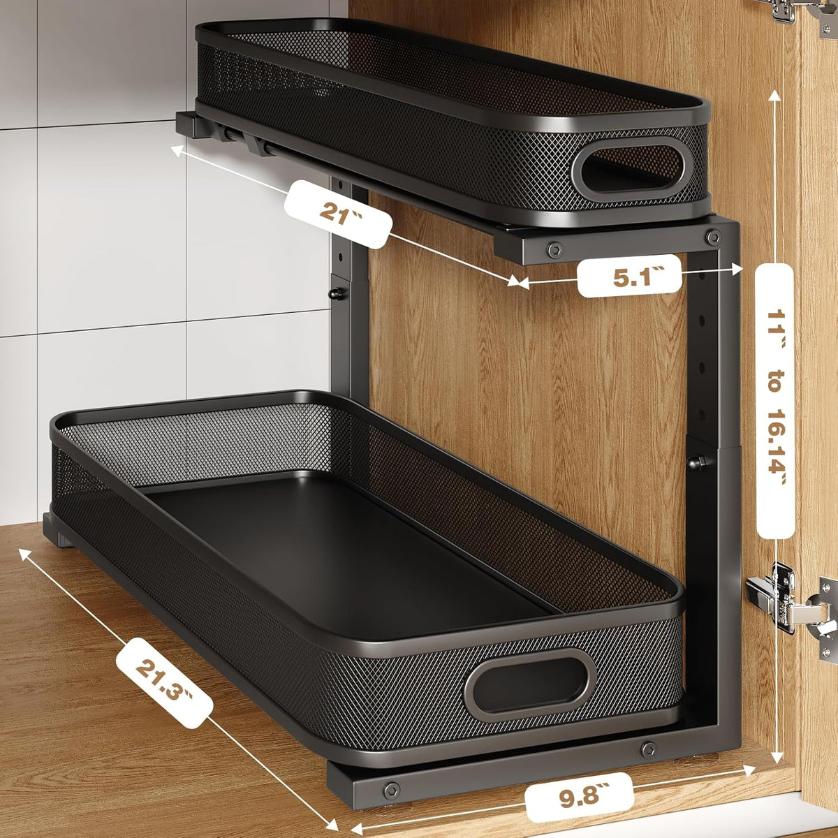 2 Pack 21.3IN-Depth Under Sink Organizer with Smooth Cylindrical Rail,2-Tier Pull Out Multi-Purpose
