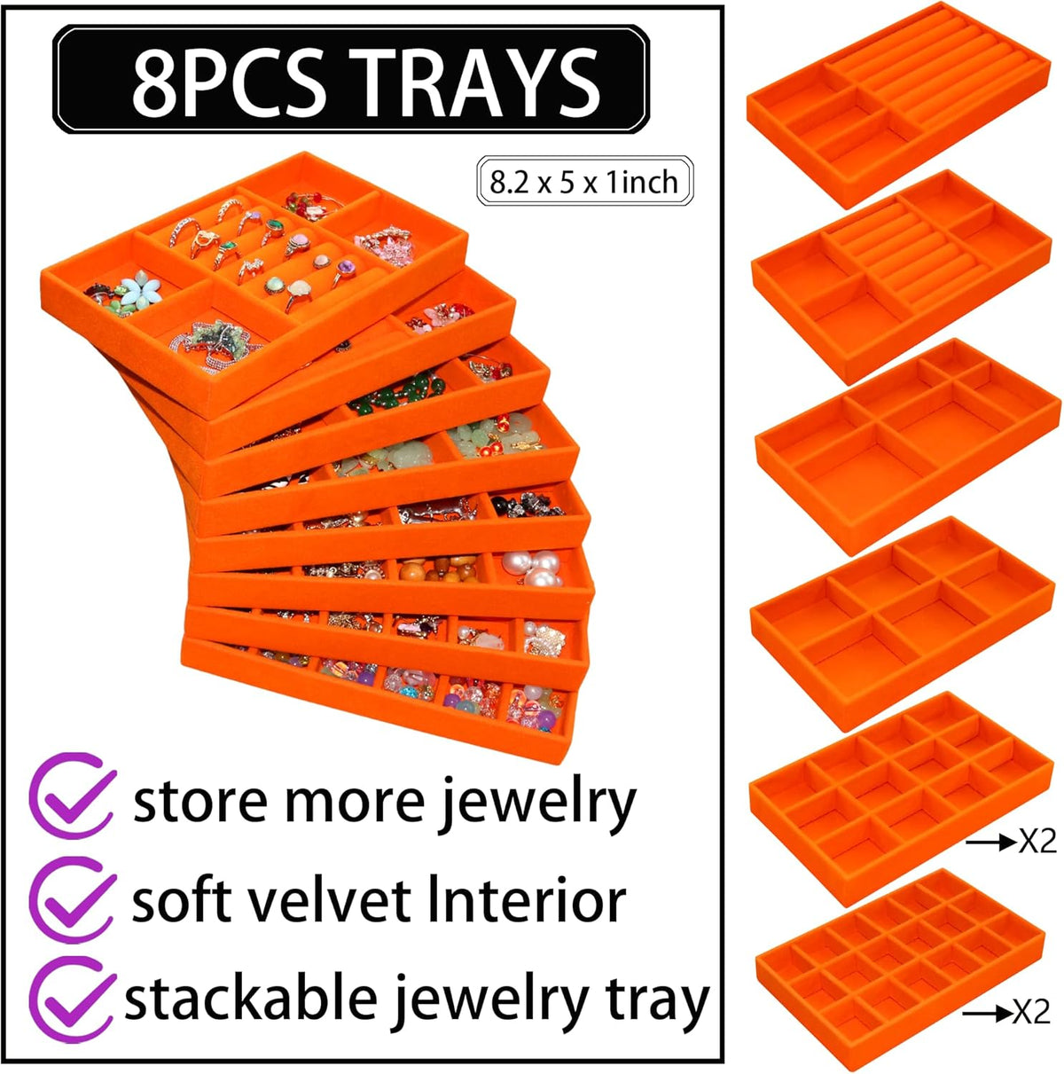 Jewelry Organizer Tray Stackable Velvet Jewelry Trays Drawer Inserts Earring Ring Necklace