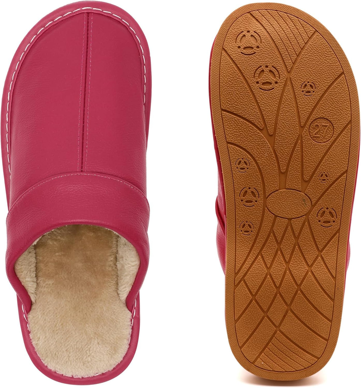 Slippers for Women Men, Genuine Leather Slippers Indoor Outdoor, Fuzzy Bedroom House Shoes for