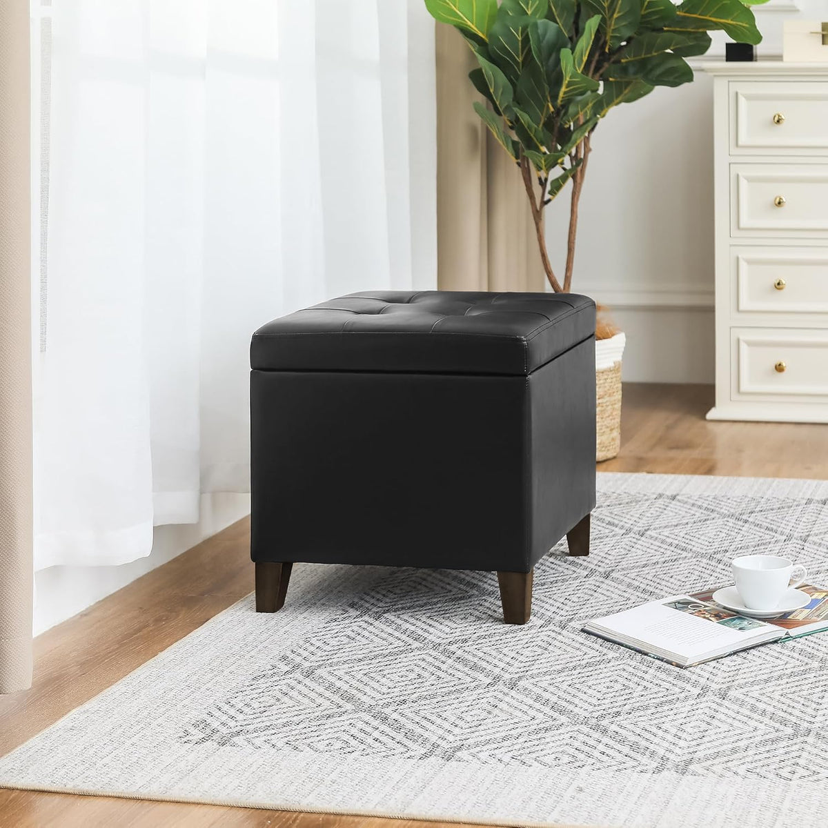 Adeco Faux Leather Storage Ottoman Bench with Solid Wood Legs, 17.7" Square Black PU Cube Foot