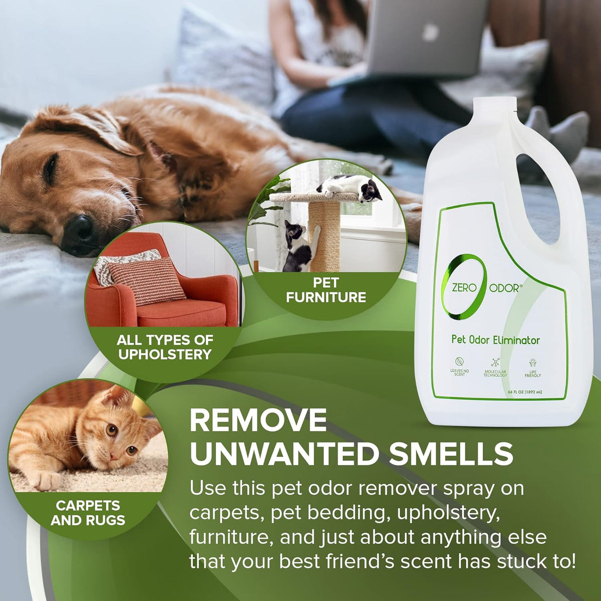 Zero Odor - Pet Odor Eliminator for strong odor, Eliminate Air & Surface Odors – Patented Molecular