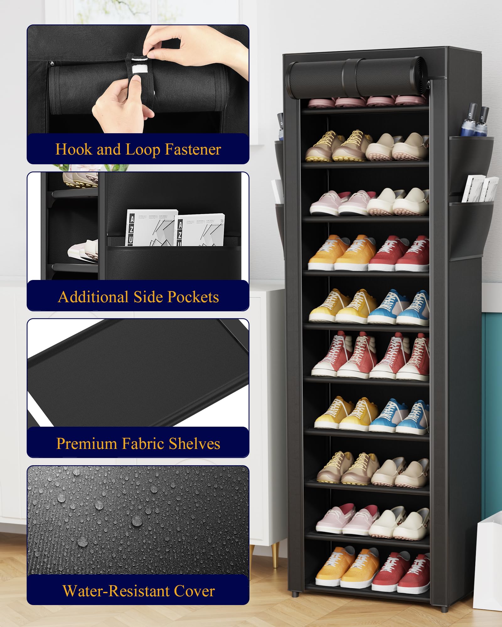 Kitsure 10-Tier Shoe Rack with Cover, Vertical Shelf, 17.5" Wide, Black