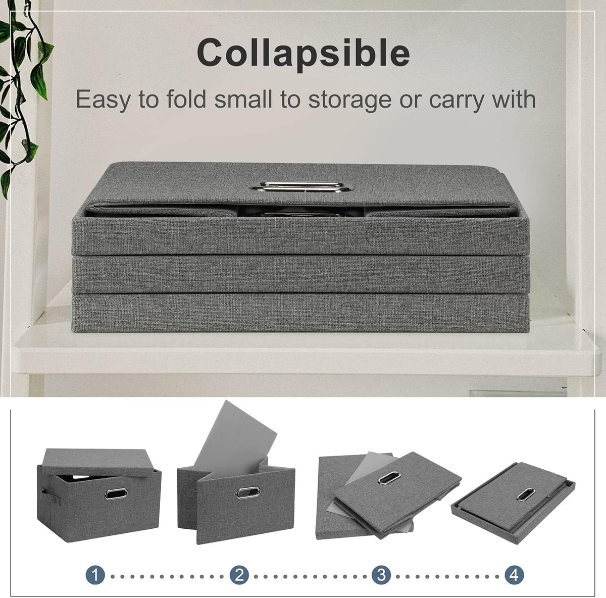 Medium 15" 21 Quart Collapsible Stackable Storage Bins with Lids, 1 Pack Gray Foldable Fabric