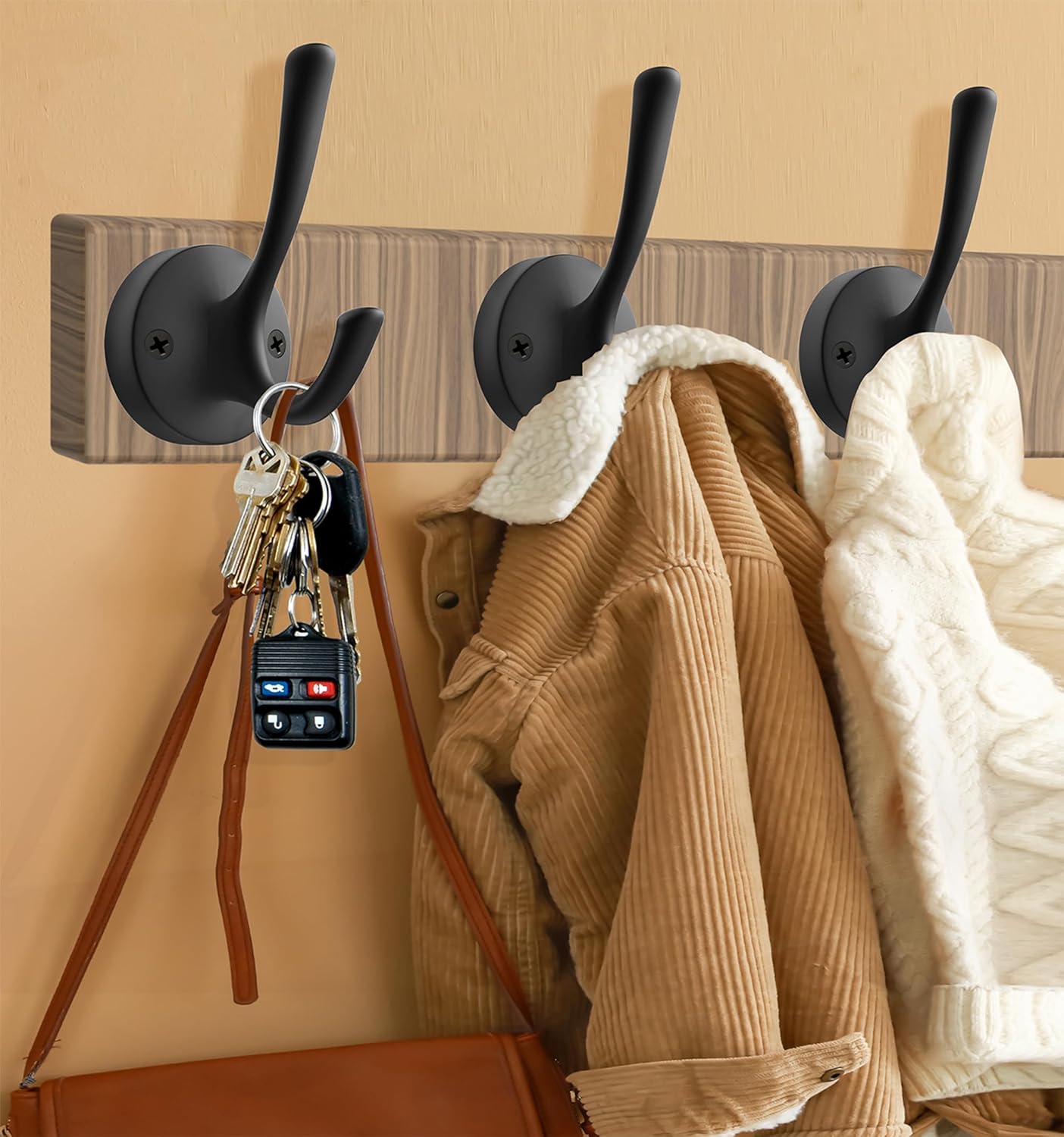 Black Wall Hooks Towel Hooks, 3 Pack Coat Hooks Robe Hook Heavy Duty Metal Double Bath Hook Wall