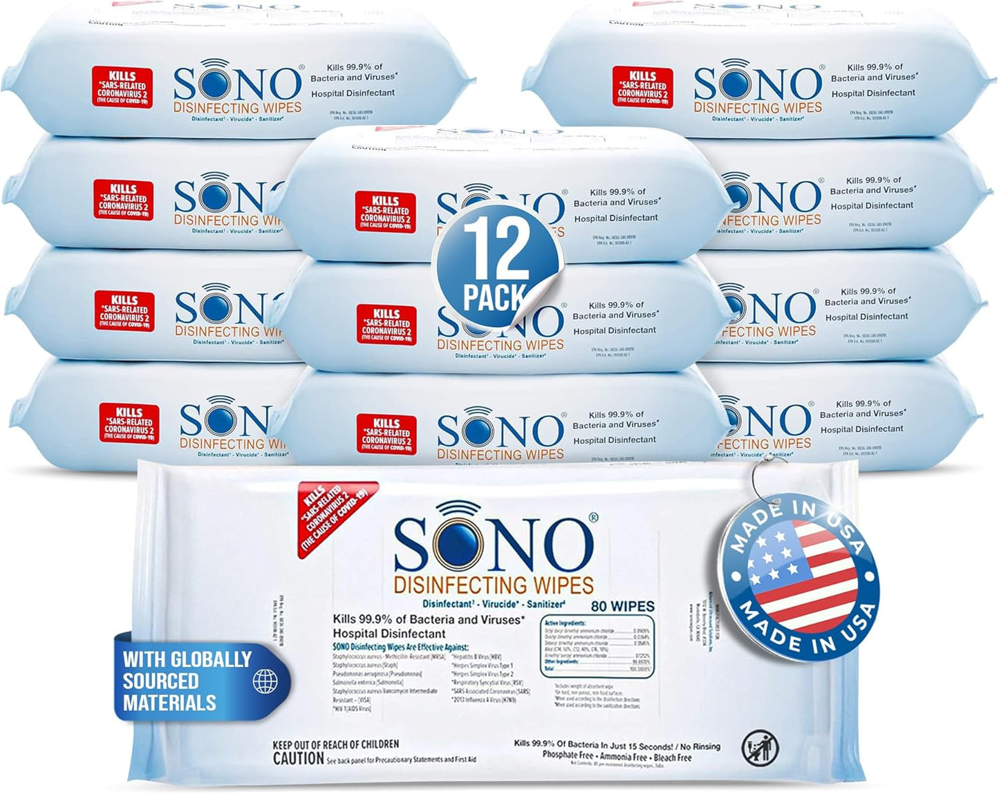 SONO Disinfecting Wipes - Medical-Grade, Alcohol-Free, No Bleach - Multi-Surface Cleaning Wipes for