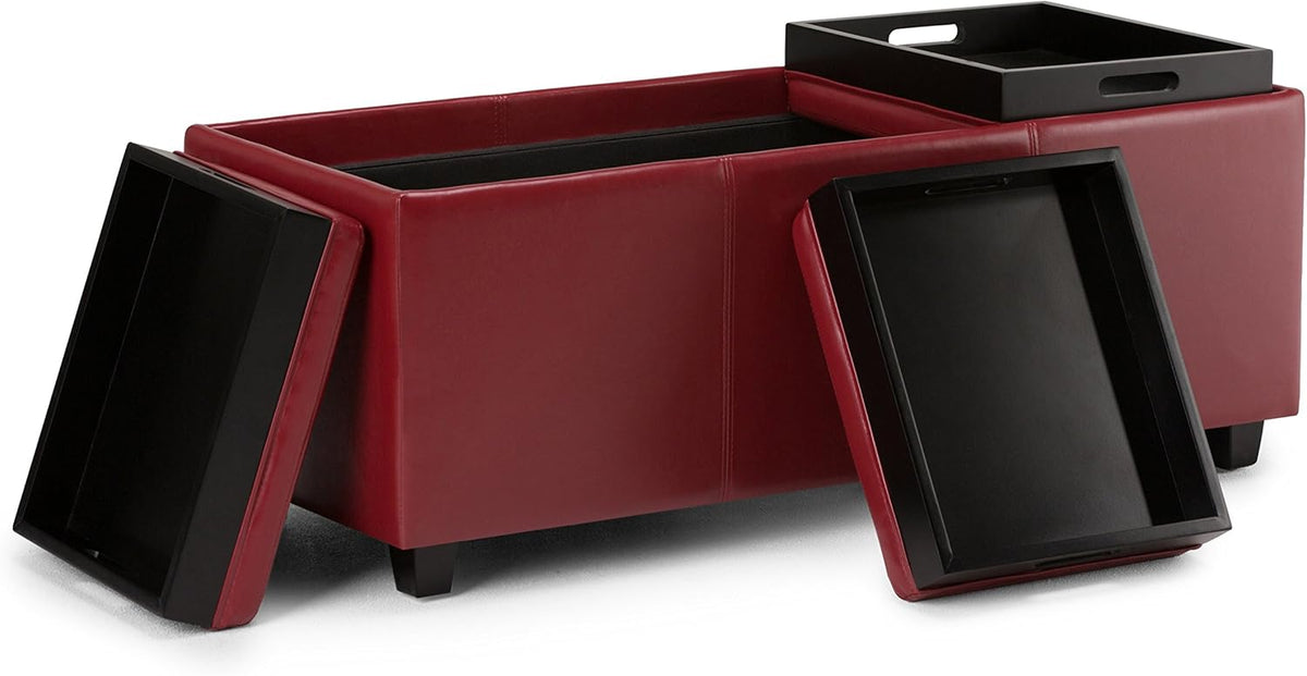 SIMPLIHOME Avalon 42 inch Wide Contemporary Rectangle Storage Ottoman in Red Vegan Faux Leather