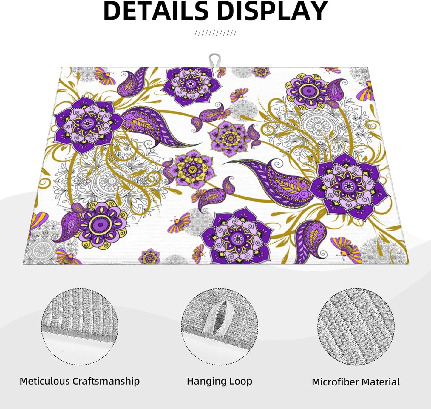Purple Flower Kitchen Drying Mat Boho Floral Microfiber Dish Drainer Mat for Kitchen Counter