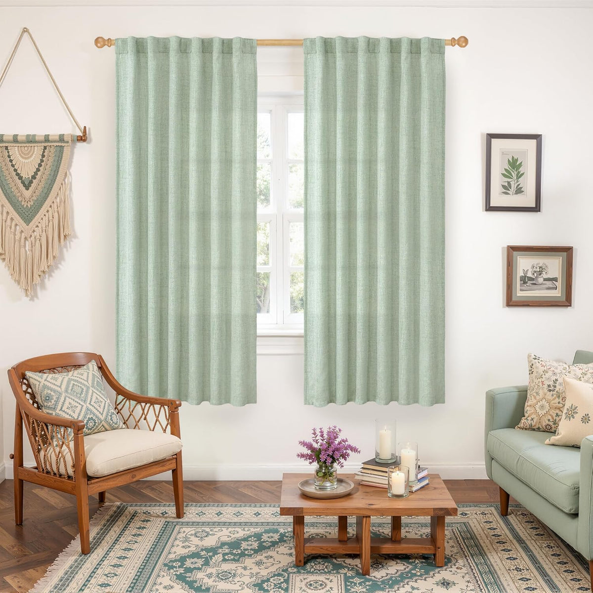 YoungsTex Sage Green Linen Curtains 63 Inch Length for Short Living Room, Semi Sheer Window Drapes
