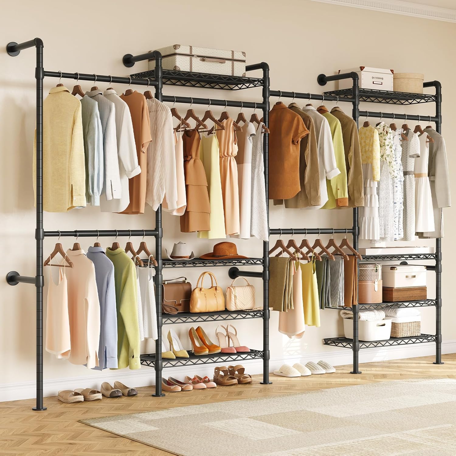 ONBRILL L4 Wall Mounted Industrial Pipe Clothing Rack, Closet Organizer System with 6 Hanging