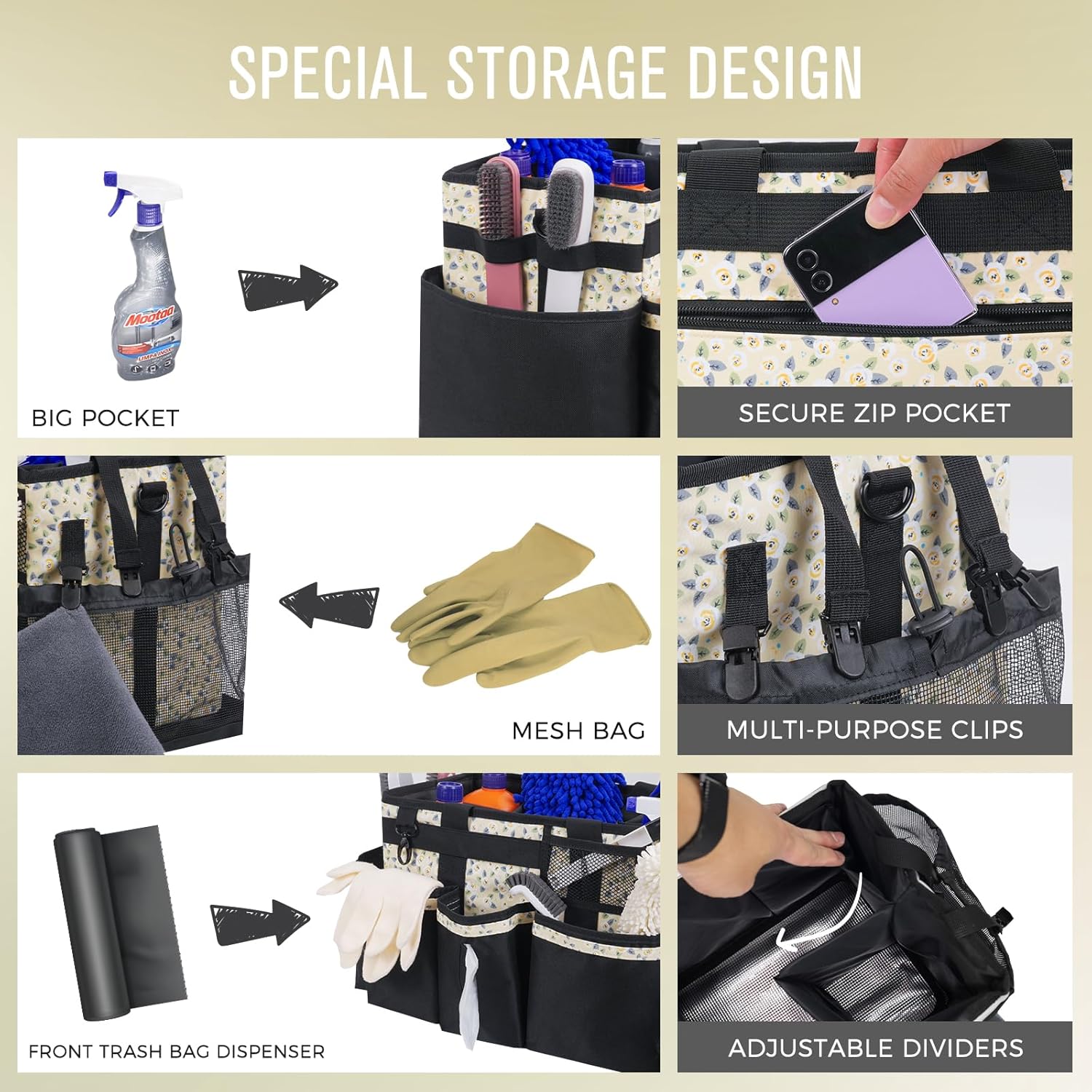 Wearable Cleaning Caddy, Cleaning Caddy Supplies Organizer with Handle & Shoulder Straps for