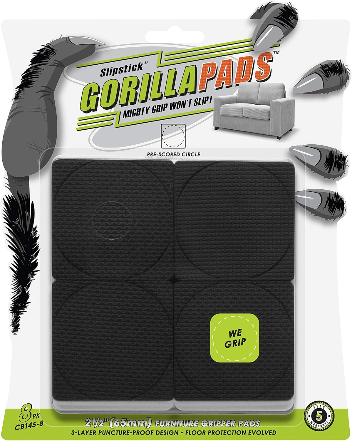 GorillaPads Non-Slip Furniture Pads/Grippers, Rubber Floor Protectors for Under Furniture, Black