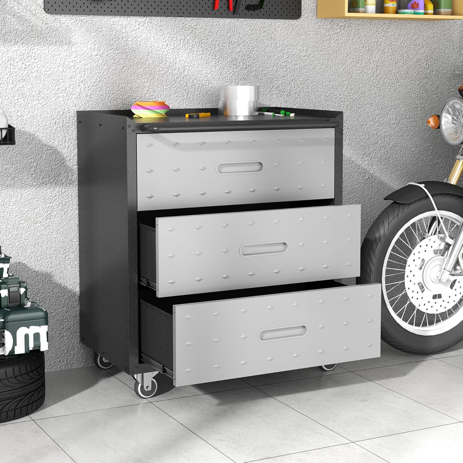Metal Storage Cabinet with Wheels, Rolling Tool Cabinet, Garage Storage Cabinet with 3 Drawer for