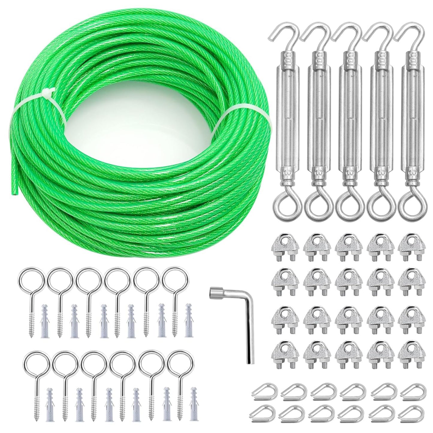 100 Ft Turnbuckles for Cables Wire, 3/16" Green PVC Coated Wire Rope Kit, Multi-use Steel Cable for