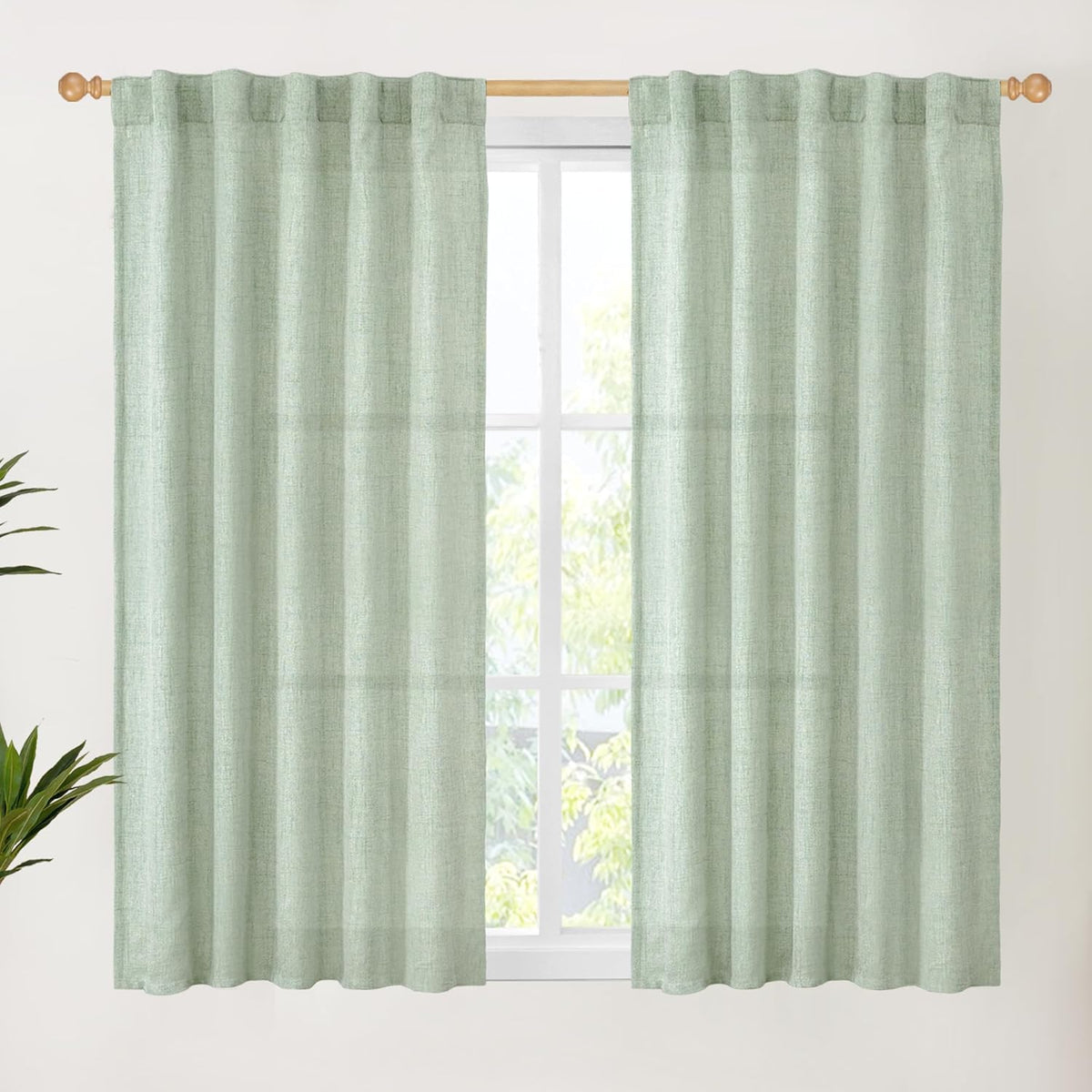 YoungsTex Sage Green Short Linen Curtains 48 Inch Length for Kitchen, Semi Sheer Small Window