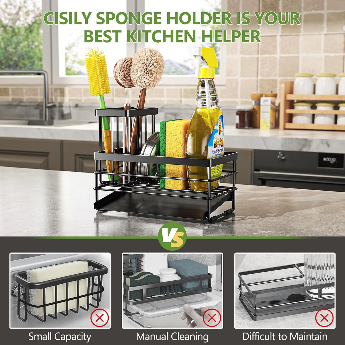 Cisily Sink Caddy Sponge Holder for Kitchen with Brush Holder and Stainless Steel Self Drain Tray