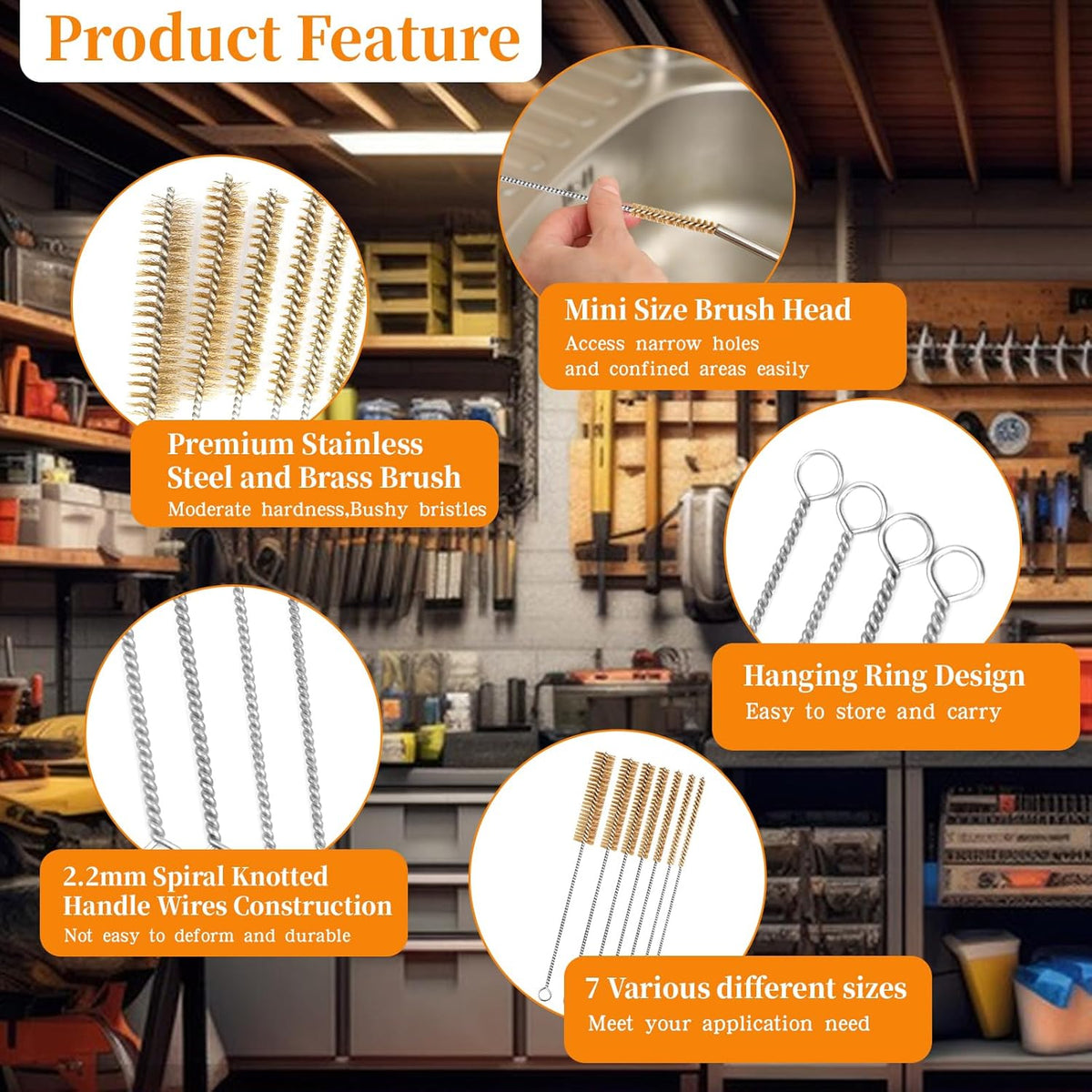 14-Pieces Brass Wire Brush Stainless Steel Tube Brush Set 12" Round Wire Brushes Kit Bore Brush