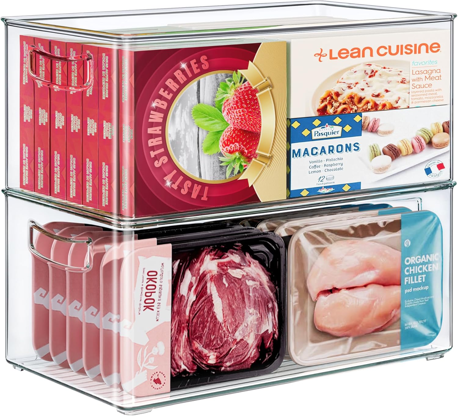 2 Pack Clear Freezer Organizer Bins Stackable Storage Bins with Side Handles for Kitchen Pantry