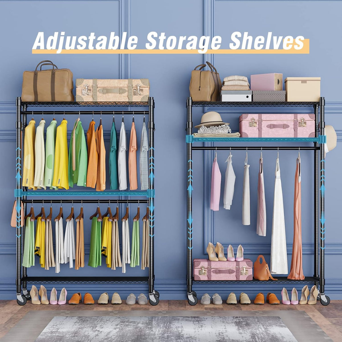 Homdox Rolling Garment Rack with Double Rod, Heavy Duty Clothing Rack with Shelves, Portable