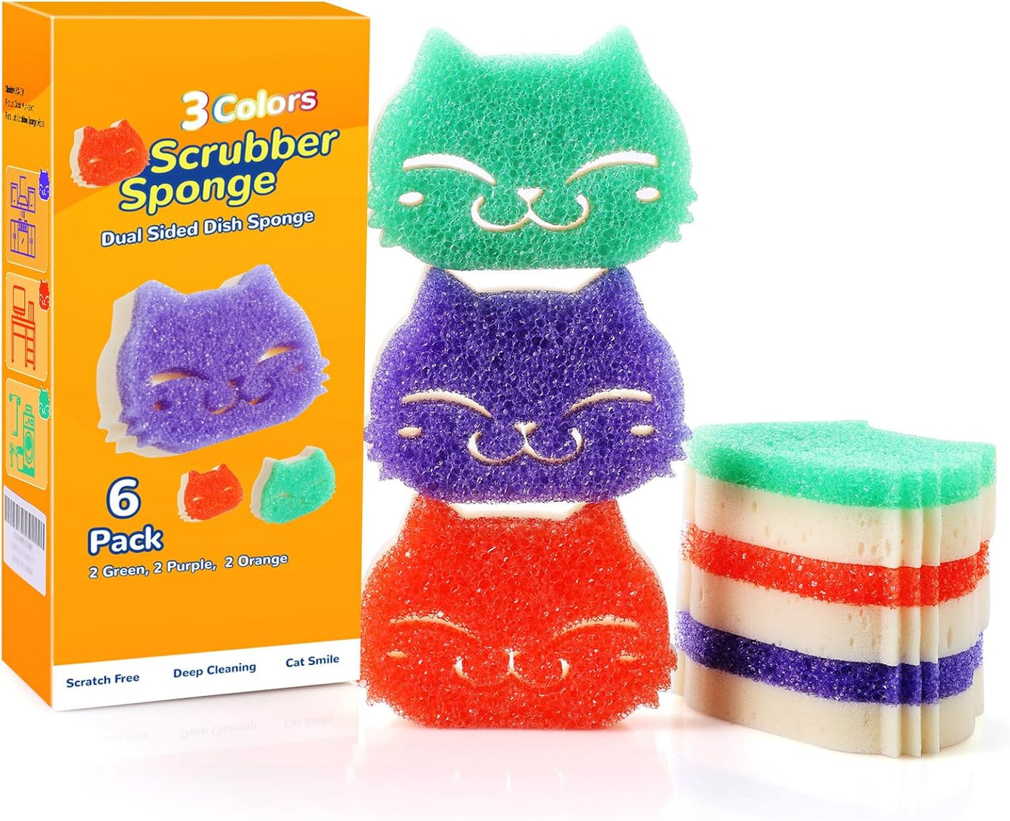 Eyliden 6 Pack Scrub Sponge - Dual-Sided, Smart-Temp Firmness, Dish Scrubber, Non-Scratch