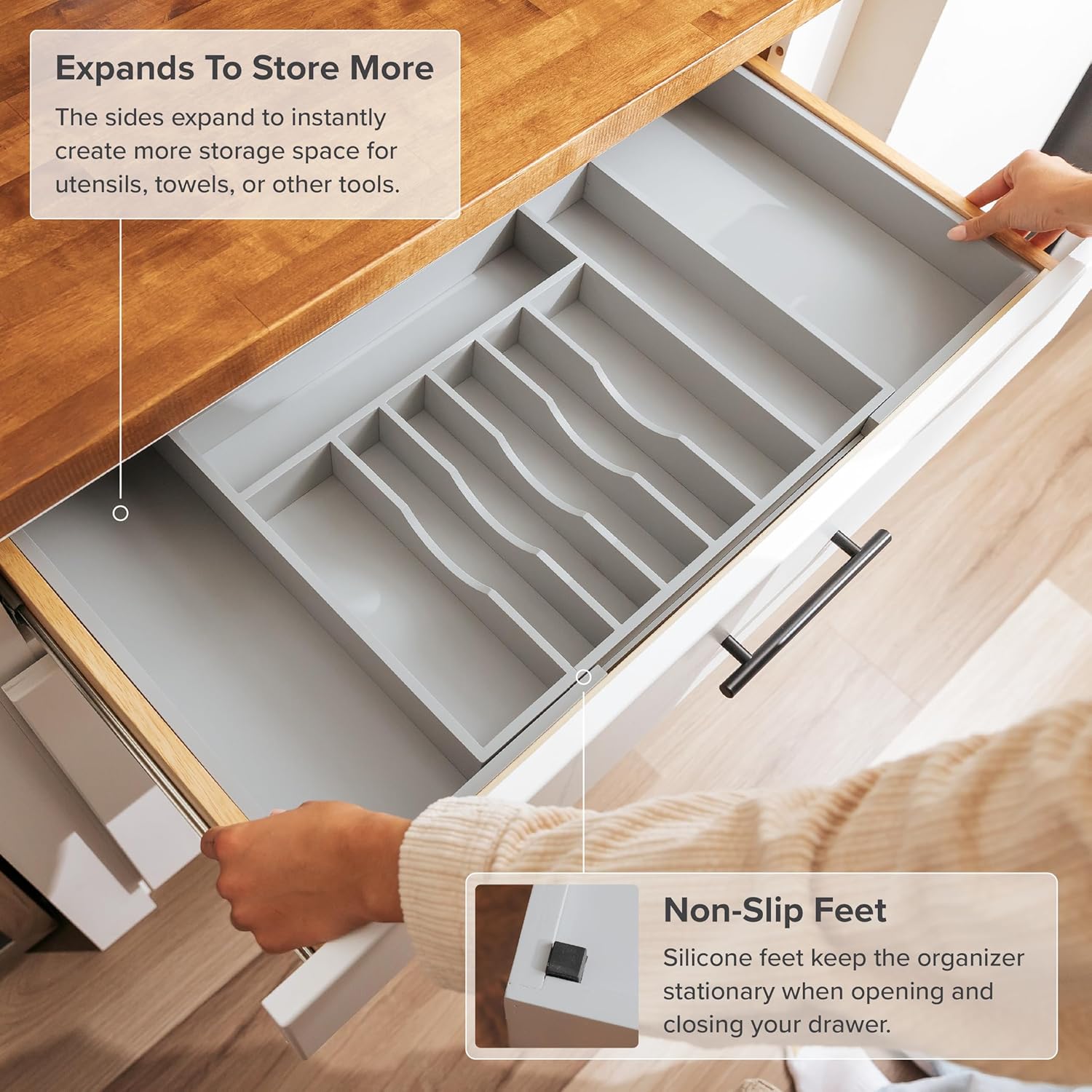 KitchenEdge Premium Silverware, Flatware and Utensil Organizer for Kitchen Drawers, Food-Safe