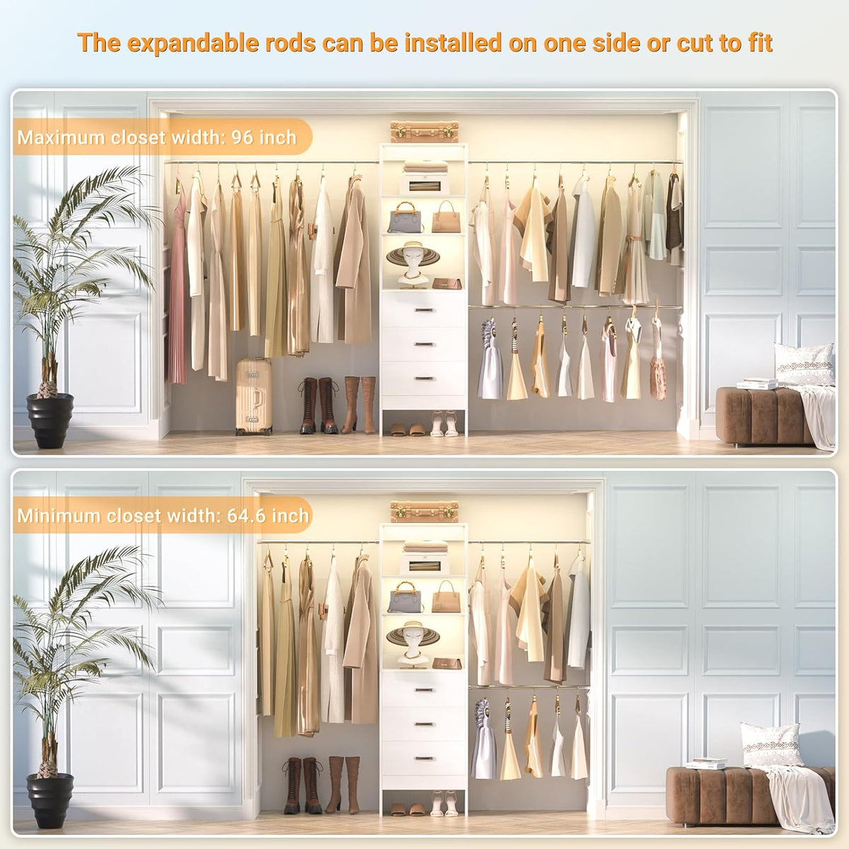 96'' Closet Organizer System with 3 Hanging Rods (Without 3 Storage Shelves), 8FT Closet Systems