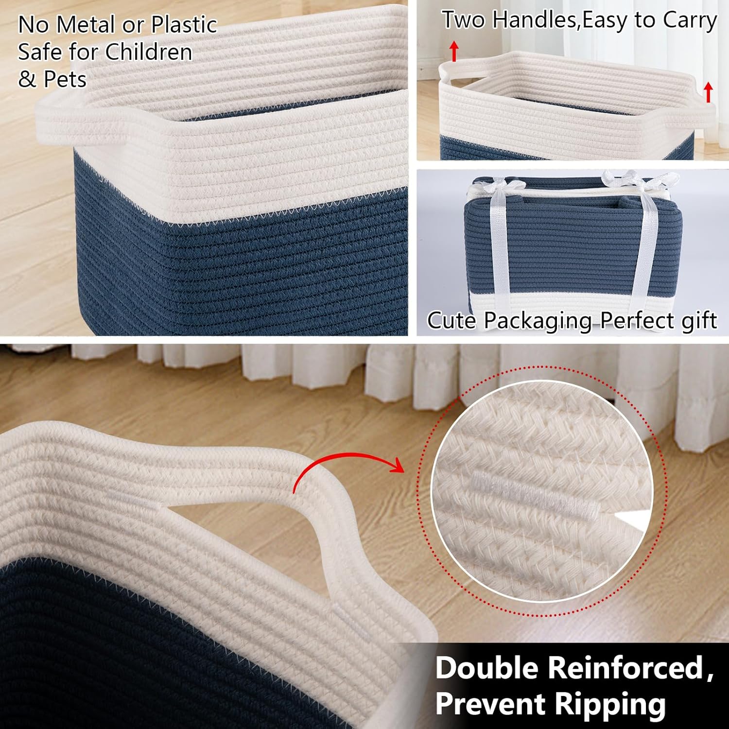 OIAHOMY Storage Baskets - Woven Cotton Rope Baskets for Shelves, Toy Towel Organizer Bins, Pack of
