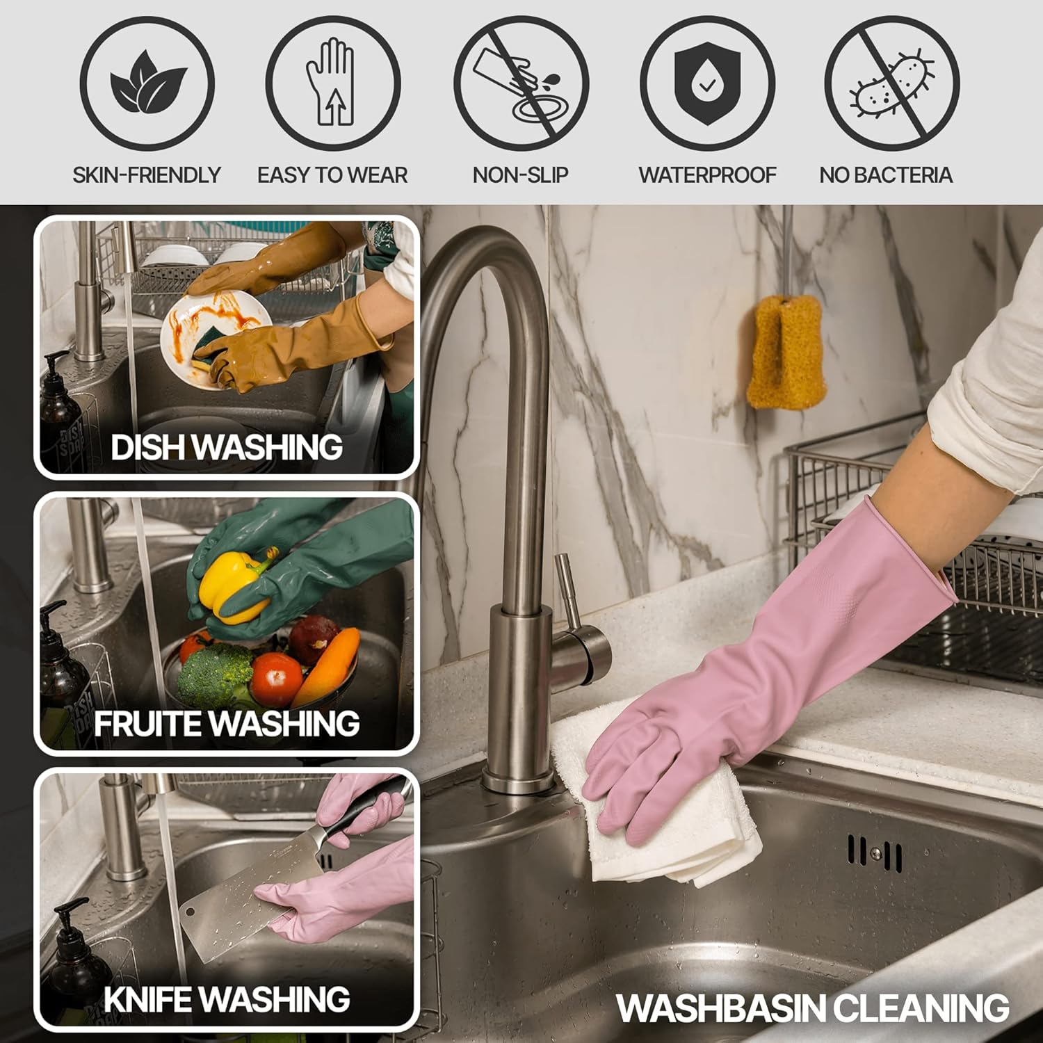 MAMISON 3 Pairs Colorful Reusable Waterproof Household Dishwashing Cleaning Rubber Gloves, Non-Slip