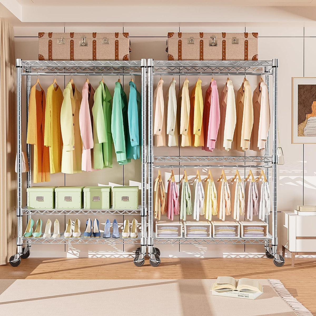 Heavy Duty Rolling Garment Rack 3 Tiers Adjustable Wire Shelving Clothes Rack with Rods and Side