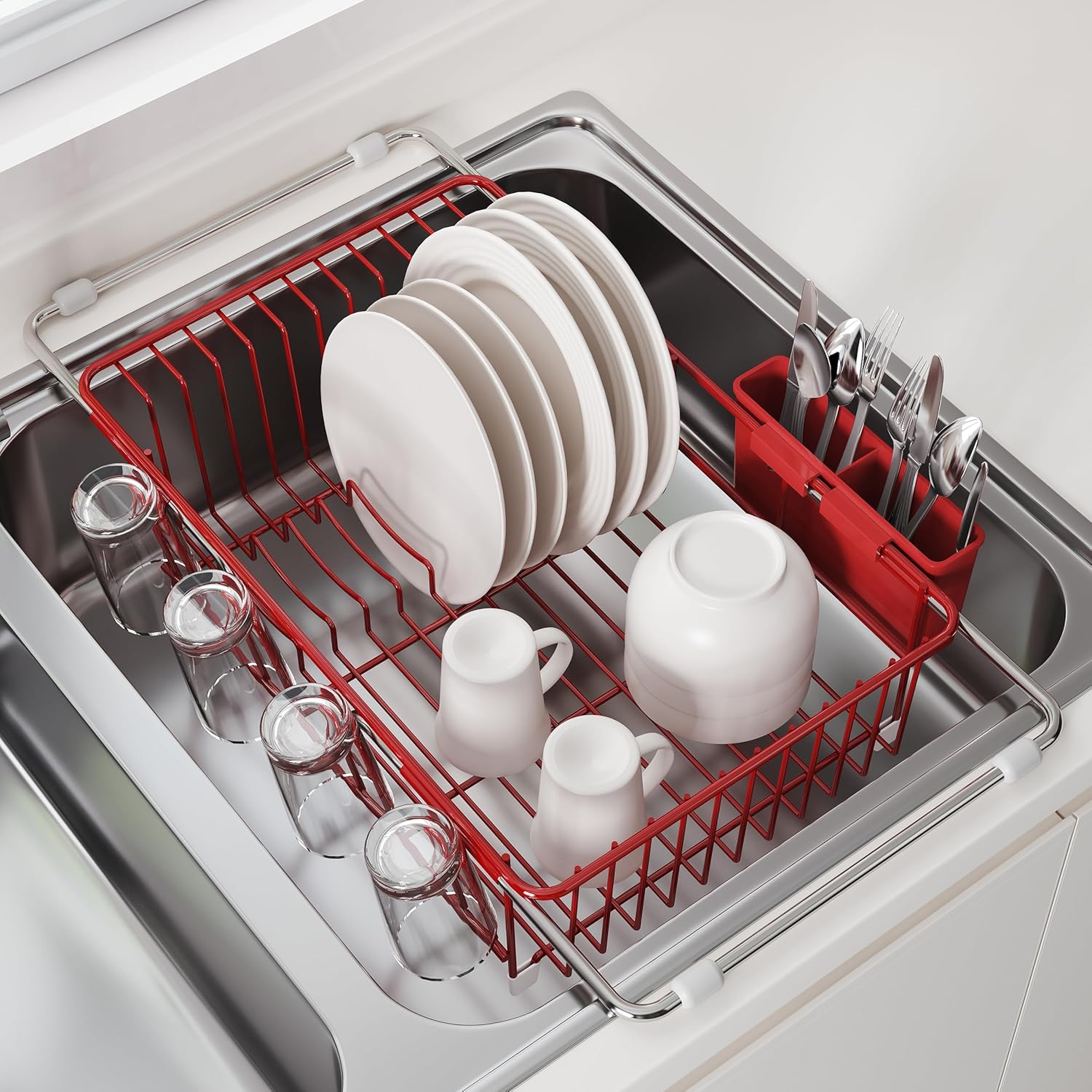 JASIWAY Dish Drying Rack in Sink, Red Dish Dryer Racks Over Sink, Dishes Drainers for Kitchen Sink