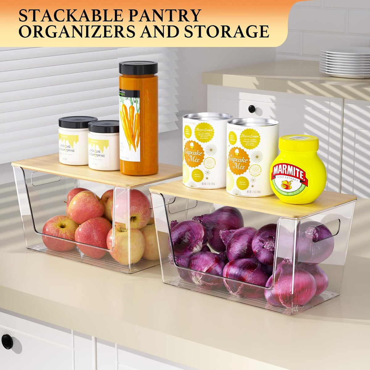6 Pack Clear Stackable Storage Bins with Bamboo Lids, Plastic Storage Containers with Handle for