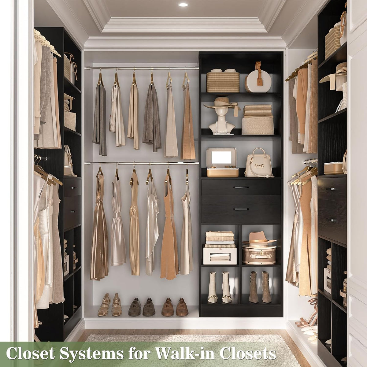 Closet System, 4-8 FT Closet Organizer Tower with 2 Wooden Drawers and Shelves, Can Fit 60 to 96