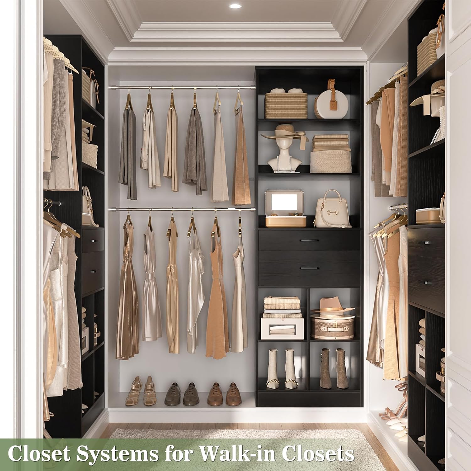 Closet System, 4-8 FT Closet Organizer Tower with 2 Wooden Drawers and Shelves, Can Fit 60 to 96