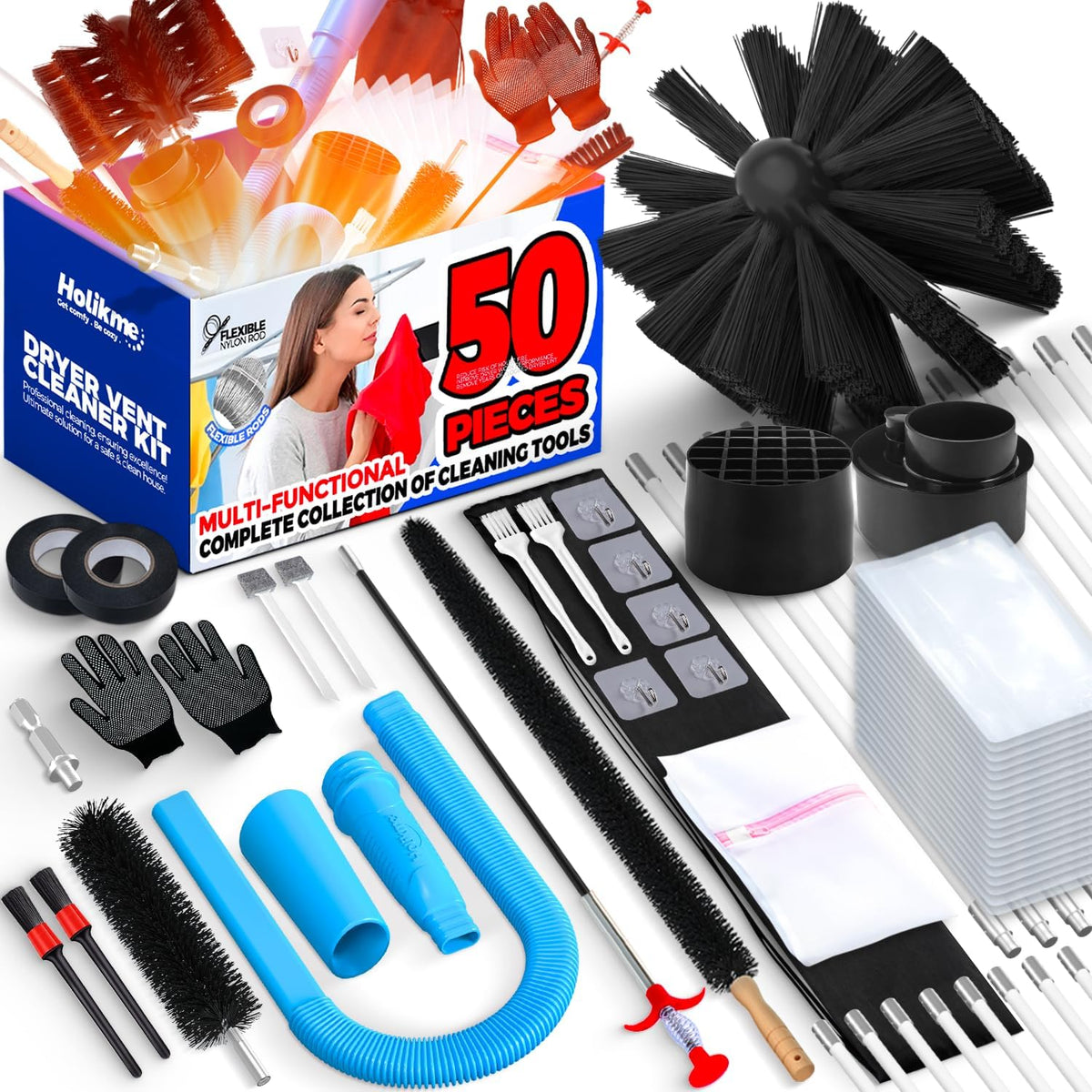 Holikme 50 Pieces 32 Feet Dryer Vent Cleaner Kit, Dryer Cleaning Tools, Include Dryer Vent Brush