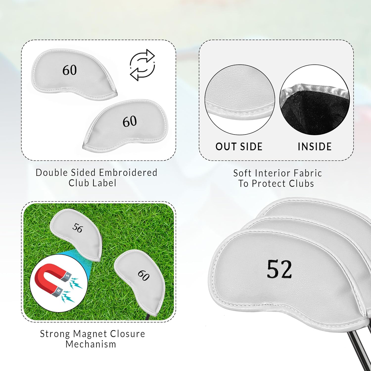 Premium Magnetic Leather Iron and Wedge Golf Club Head Covers | Set of 10 | Fits Most Clubs |