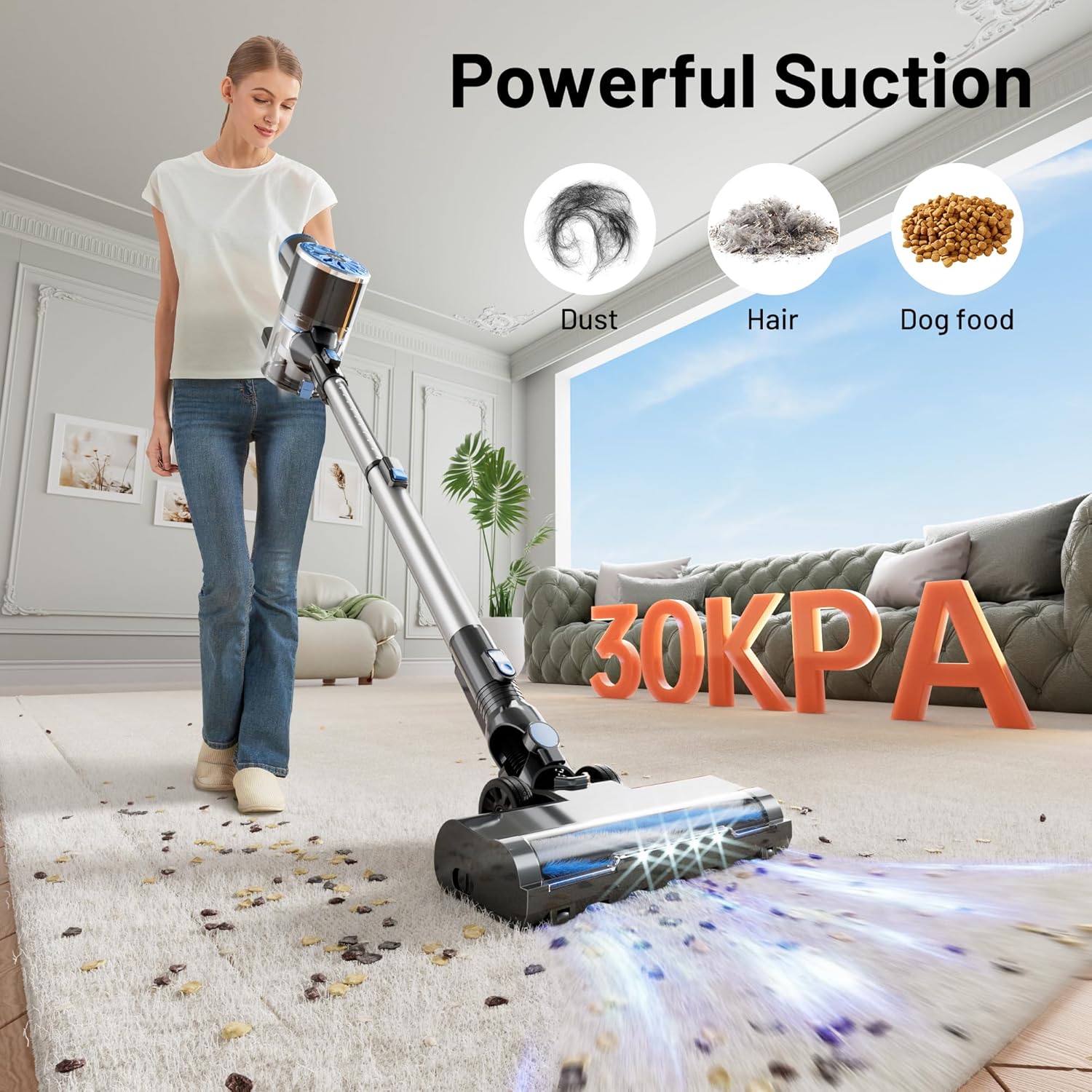 Cordless Vacuum Cleaner with Self-Standing, LED Screen Stick Vacuum Cleaners for Home, Lightweight